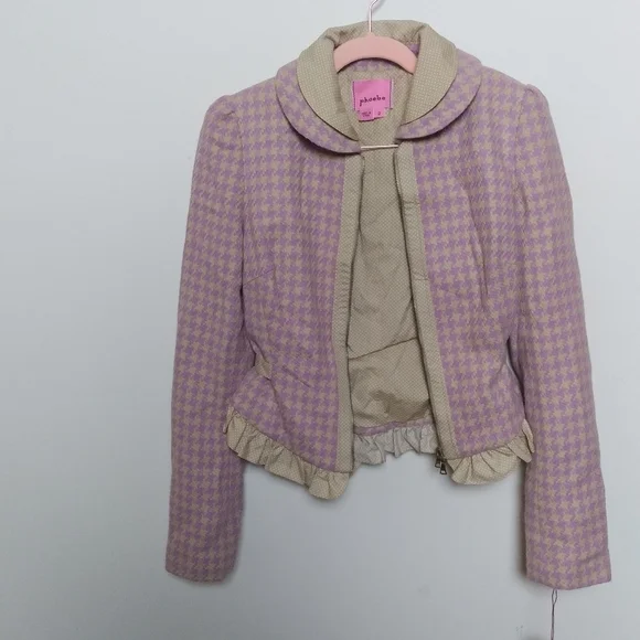 Phoebe x Kay Unger Purple and Tan Houndstooth Ruffle Trim Zip Up Blazer Size 2 - Picture 3 of 16